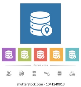Database location flat white icons in square backgrounds. 6 bonus icons included.