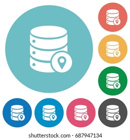 Database location flat white icons on round color backgrounds