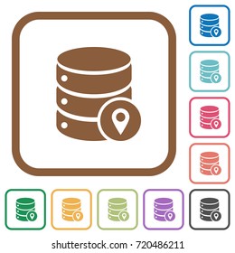 Database location simple icons in color rounded square frames on white background
