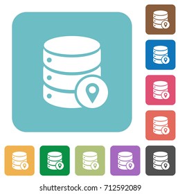 Database location white flat icons on color rounded square backgrounds