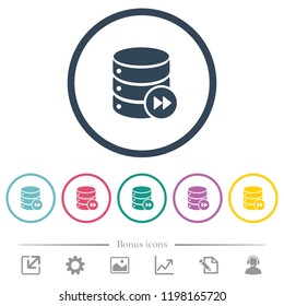 Database macro fast forward flat color icons in round outlines. 6 bonus icons included.