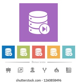 Database macro next flat white icons in square backgrounds. 6 bonus icons included.