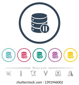 Database macro pause flat color icons in round outlines. 6 bonus icons included.