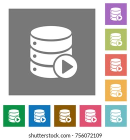 Database macro play flat icons on simple color square backgrounds