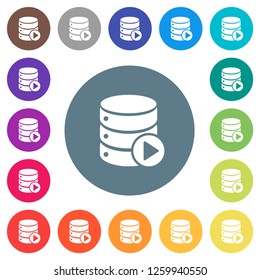 Database macro play flat white icons on round color backgrounds. 17 background color variations are included.