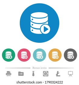 Database macro play flat white icons on round color backgrounds. 6 bonus icons included.
