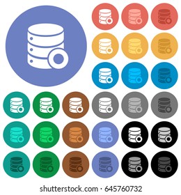 Database macro record multi colored flat icons on round backgrounds. Included white, light and dark icon variations for hover and active status effects, and bonus shades on black backgounds.