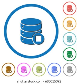 Database macro stop flat color vector icons with shadows in round outlines on white background