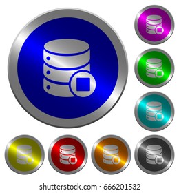 Database macro stop icons on round luminous coin-like color steel buttons