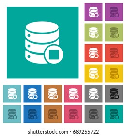 Database macro stop multi colored flat icons on plain square backgrounds. Included white and darker icon variations for hover or active effects.