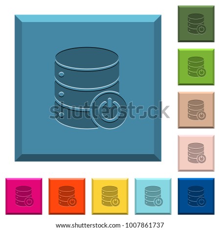 Database main switch engraved icons on edged square buttons in various trendy colors