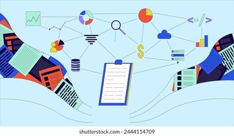 Database management 2D linear illustration concept. Corporate planning cartoon scene on blue background. Statistics graph charts. Forecasting business analytics metaphor abstract flat vector graphic