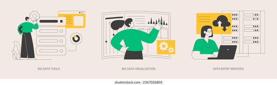 Database management abstract concept vector illustration set. Big data tools and visualization, data entry services, analytics platform, business intelligence, software development abstract metaphor.