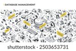 Database management components. Elements and tools for effective database management include data, procedures, hardware, software, people, and data access languages. Isometric illustration