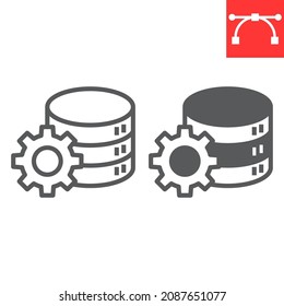 Database management line and glyph icon, database and storage, data with cogwheel vector icon, vector graphics, editable stroke outline sign, eps 10.