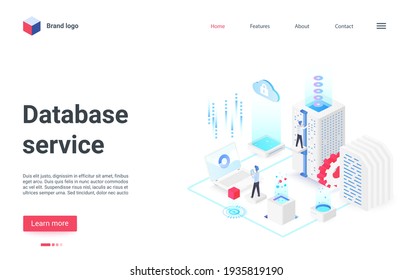 Database management service isometric vector illustration. Cartoon 3d admin programmer people work with laptop or hardware equipment, manage data information on computer disks or server landing page