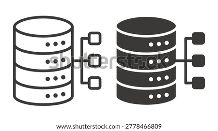 Database management symbol collection with stroke and solid variants, server storage, information network, cloud computing, and synchronization
