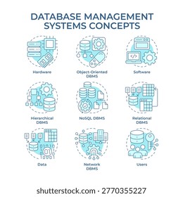 Database management systems soft blue concept icons. Hardware maintenance, server infrastructure. Icon pack. Vector images. Round shape illustrations for presentation, article. Abstract idea Database management systems soft blue concept icons. Hardware maintenance, server infrastructure. Icon pack. Vector images. Round shape illustrations for presentation, article. Abstract idea