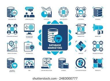 Database Marketing icon set. Statistics, Communication, Information, Storage, Transaction, Customers, Marketing, Predictive Model. Duotone color solid icons