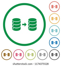 Database mirroring flat color icons in round outlines on white background