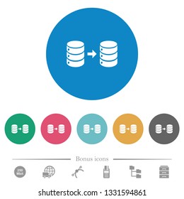 Database mirroring flat white icons on round color backgrounds. 6 bonus icons included.