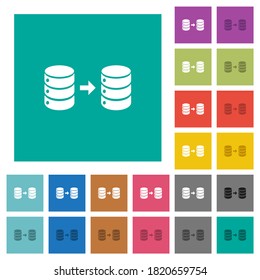 Database mirroring multi colored flat icons on plain square backgrounds. Included white and darker icon variations for hover or active effects.