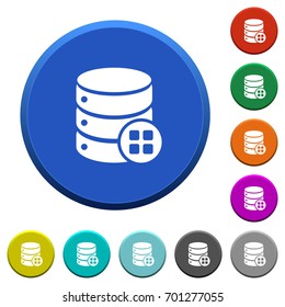 Database modules round color beveled buttons with smooth surfaces and flat white icons