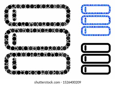 Database mosaic for database icon of filled circles in various sizes and color tinges. Vector filled circles are grouped into blue mosaic. Dotted database icon in usual and blue versions.