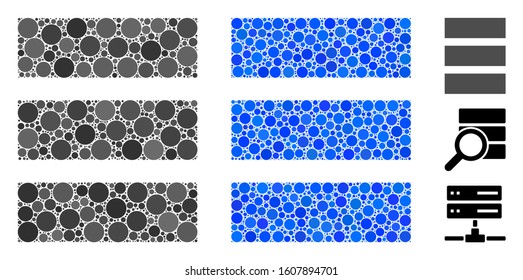 Database mosaic of spheric dots in different sizes and color hues, based on database icon. Vector round dots are grouped into blue mosaic. Dotted database icon in usual and blue versions.