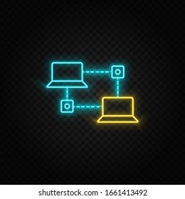 Database, network. Blue and yellow neon vector icon. Transparent background