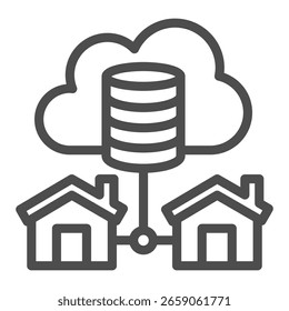 Database and network with houses line icon, online data saving concept, cloud storage vector sign on white background, outline style icon for mobile concept and web design. Vector graphics