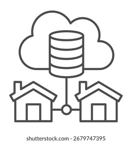 Base de datos y red con el ícono de línea delgada de las casas, concepto de ahorro de datos en línea, signo de Vector de almacenamiento en la nube sobre fondo blanco, ícono de estilo de contorno para concepto y Diseño web móvil. Gráficos de Vector