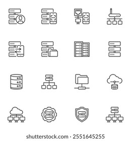 Database and network line icons set, outline vector symbol collection, linear style pictogram pack. Signs, logo illustration. Set includes icons as server racks, cloud storage, data sharing, database