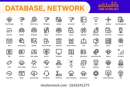 Database Network and Server Management Icon Set – Minimal Line Vector Illustrations for IT, Networking, Cloud, Servers, Security, and Digital Solutions