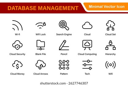 Database Network and Server Management Icon Set – Minimal Line Vector Illustrations for IT, Networking, Cloud, Servers, Security, and Digital Solutions