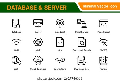Database Network and Server Management Icon Set – Minimal Line Vector Illustrations for IT, Networking, Cloud, Servers, Security, and Digital Solutions