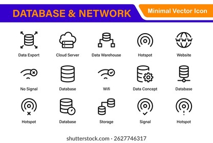 Database Network and Server Management Icon Set – Minimal Line Vector Illustrations for IT, Networking, Cloud, Servers, Security, and Digital Solutions