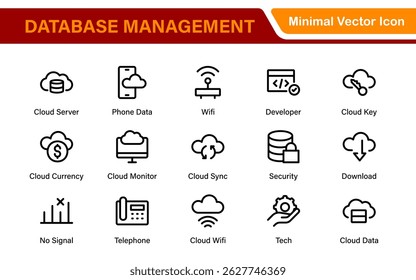 Database Network and Server Management Icon Set – Minimal Line Vector Illustrations for IT, Networking, Cloud, Servers, Security, and Digital Solutions