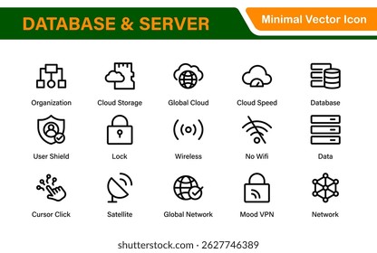 Database Network and Server Management Icon Set – Minimal Line Vector Illustrations for IT, Networking, Cloud, Servers, Security, and Digital Solutions