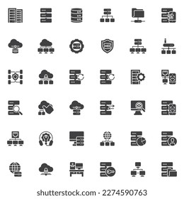 Database and network vector icons set, modern solid symbol collection, filled style pictogram pack. Signs, logo illustration. Set includes icons as web hosting, technical support, network connection