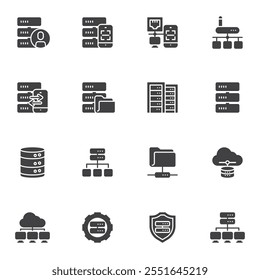Database and network vector icons set, modern solid symbol collection, filled style pictogram pack. Signs, logo illustration. Set includes icons as server racks, cloud storage, data sharing, database