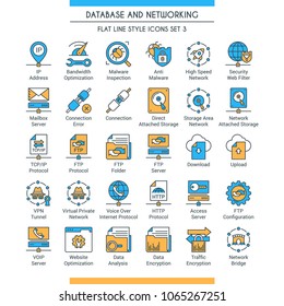 Database and networking icons set. Modern icons on theme storage, analysis, organization, synchronization and data transfer. Flat line design icons collection. Vector illustration