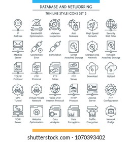 Database and networking icons set. Modern icons on theme storage, analysis, organization, synchronization and data transfer. Thin line design icons collection. Vector illustration