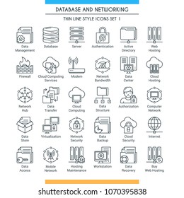 Database and networking icons set. Modern icons on theme storage, analysis, organization, synchronization and data transfer. Thin line design icons collection. Vector illustration