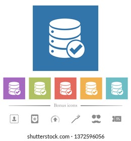 Database ok flat white icons in square backgrounds. 6 bonus icons included.