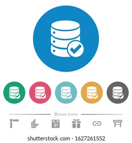 Database ok flat white icons on round color backgrounds. 6 bonus icons included.