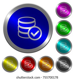 Database ok icons on round luminous coin-like color steel buttons