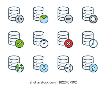 Database and Online Storage related vector color line icons. Server and Data transfer colorful outline icon set.