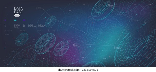 Database organization visualization analytics and statistics of digital information, database and cloud big data storage concept, vector wireframes 3d geometric shapes