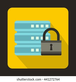Database with padlock icon in flat style on a yellow background